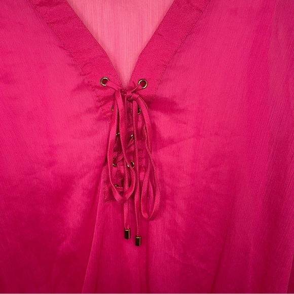 Cache Hot Pink Sheer Tie V-Neckline Size Small Elastic Waist Ruched Sleeve - Picture 6 of 7